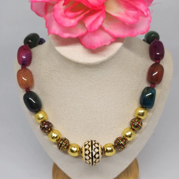 Enamel Cloisonne Crackle Agate Beaded Statement Necklace Gold Green Red Purple - Picture 8 of 14